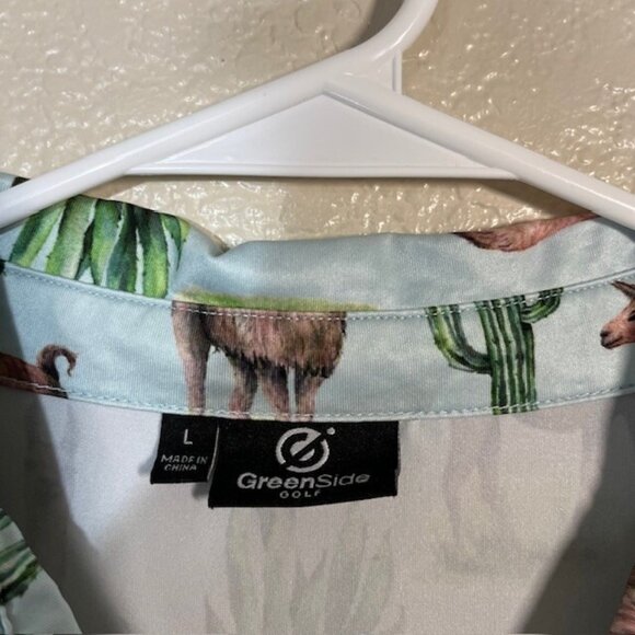 Green Side Golf Polo Mens Large Llama Athletic Stretch Blue Green - Picture 3 of 5